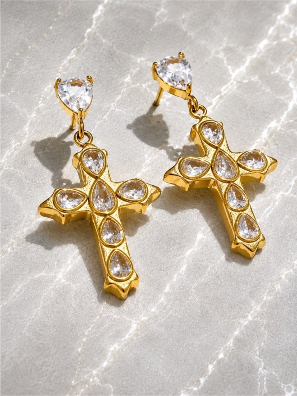 18 K plated Gold Cross Drop Earrings with Clear Stones